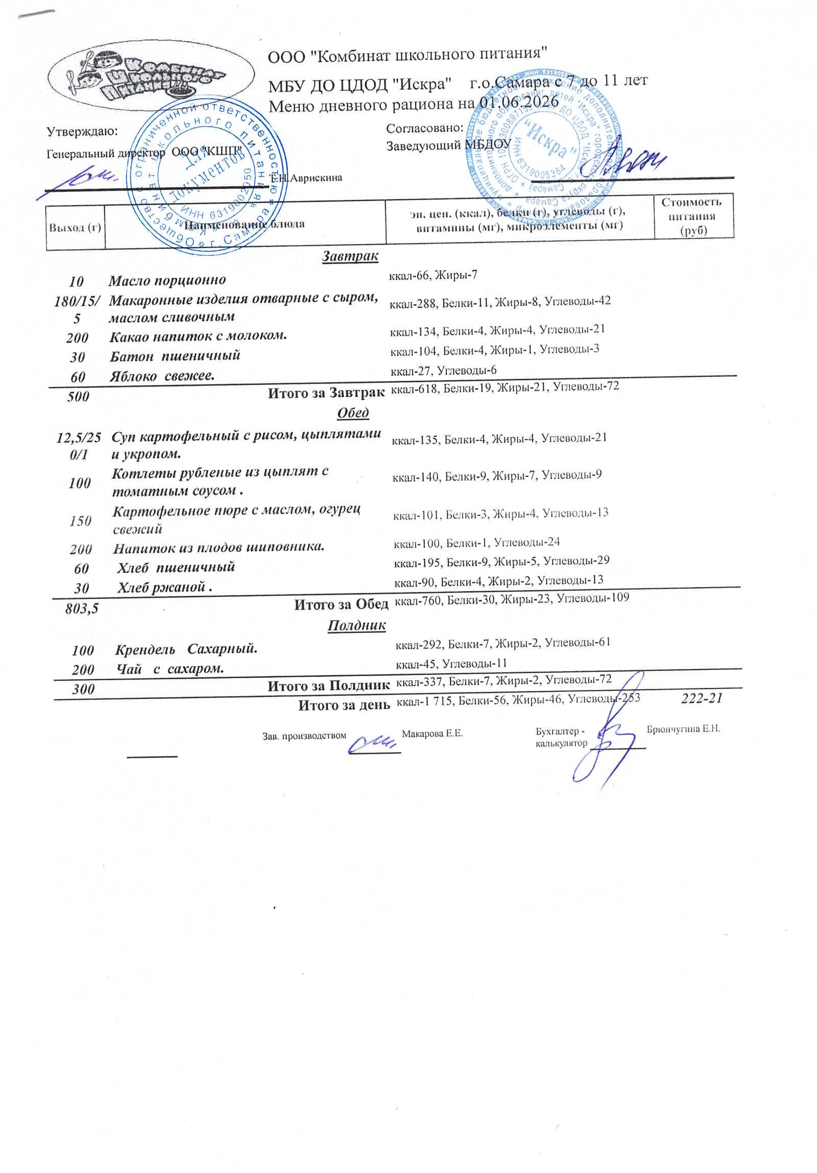 Меню на 1 июня